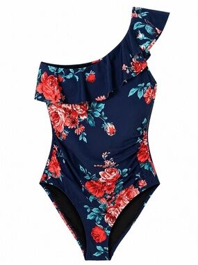 NWT Hilor One piece, one shoulder swimsuit. Dark blue floral, women’s size 10.